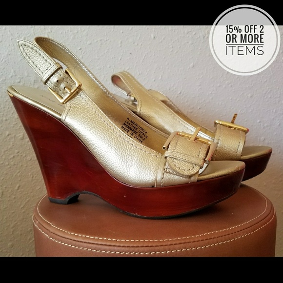 Nine West Shoes - Nine West Gold Leather Wedge Sandals Size 7.5